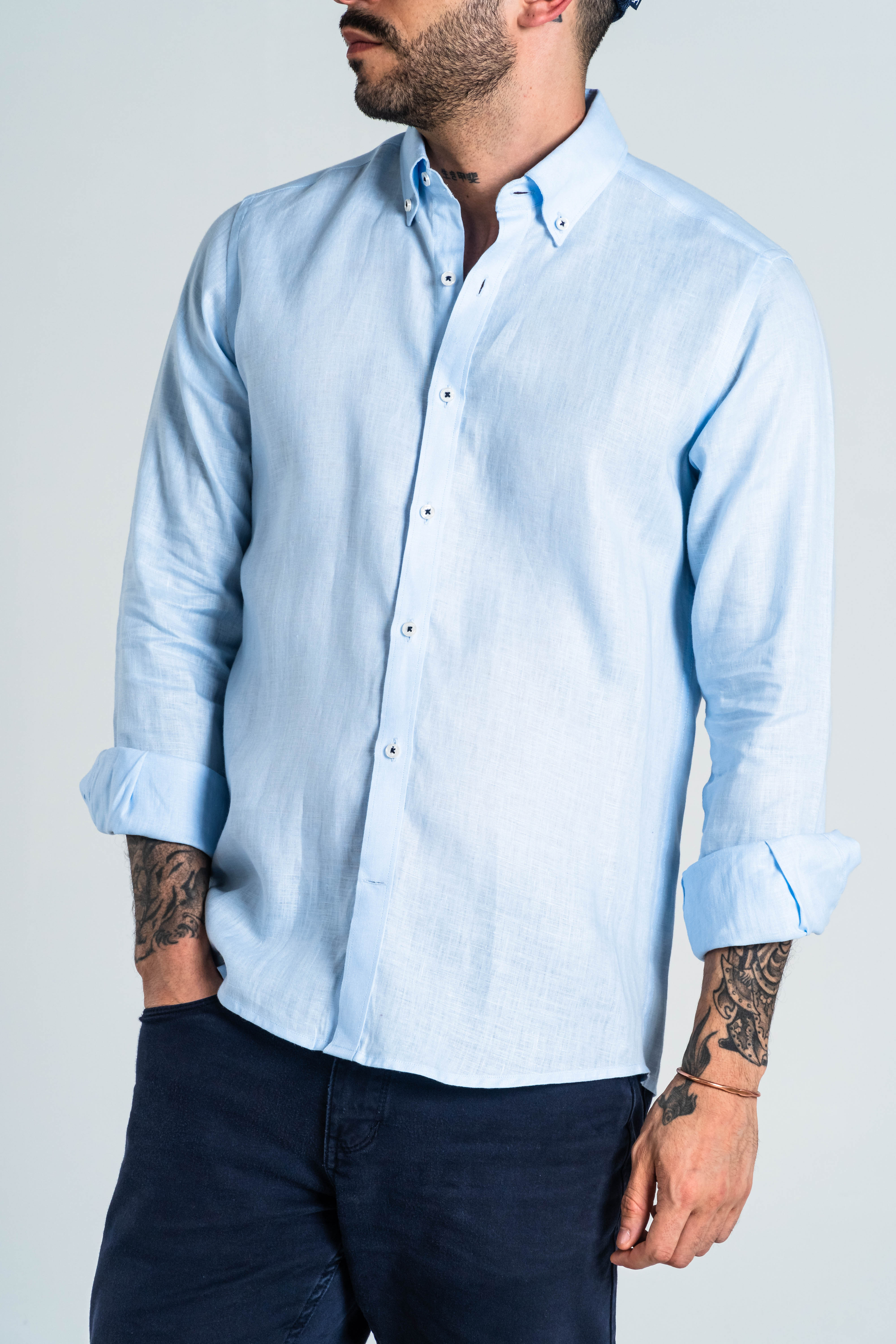 CAMISA BOTÓN CONTRASTE LINO AZUL BEBÉ_01329